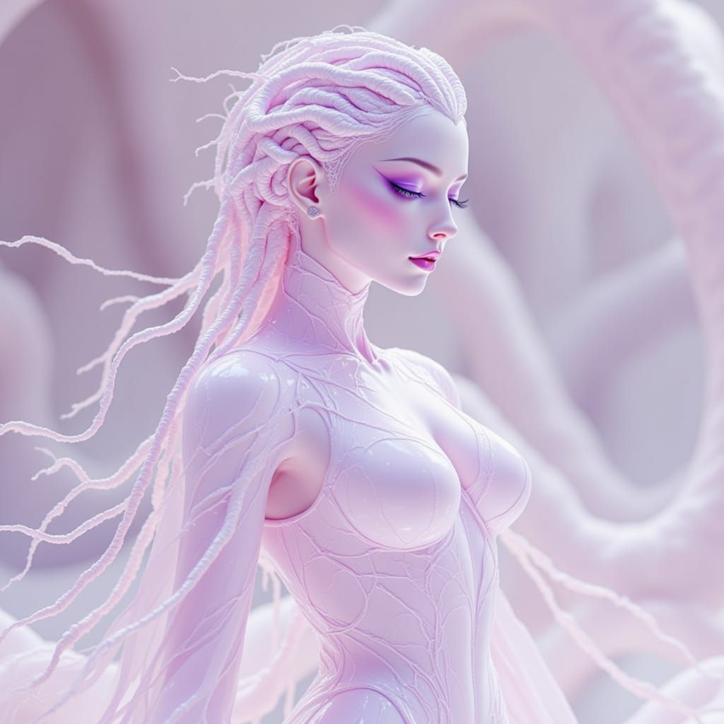 <lora:True Bioluminescence:1.0>  The image depicts a stylized luminous humanoid figure characterized by smooth, glossy skin with a pastel co...