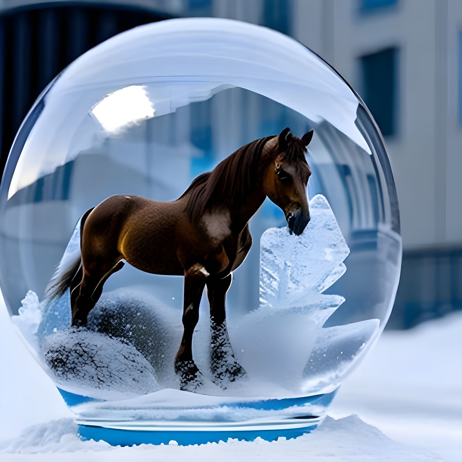 horse made of ice in a snow globe - AI Generated Artwork - NightCafe