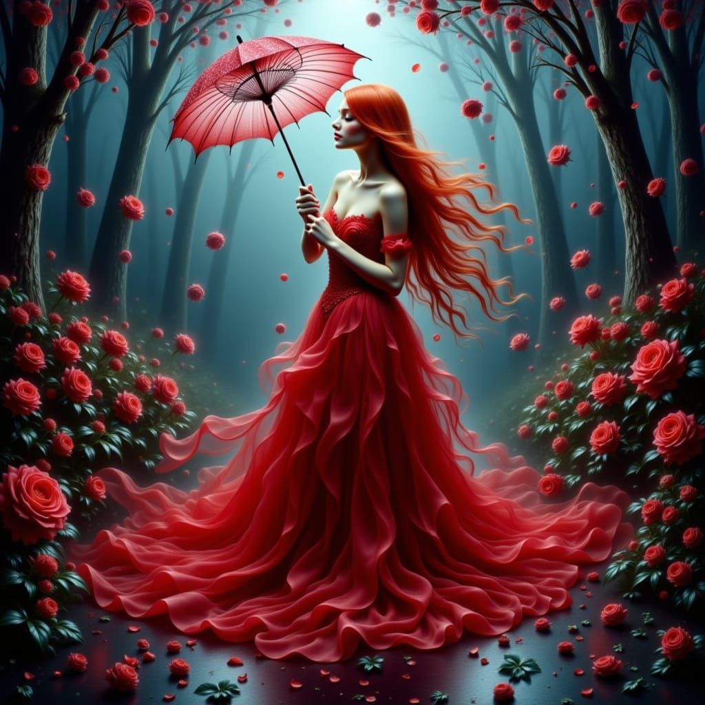 Redhead in Moonlit Victorian Garden Oil Painting