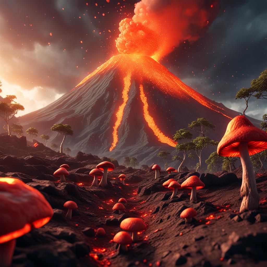 A volcano erupting with magic mushrooms instead of lava