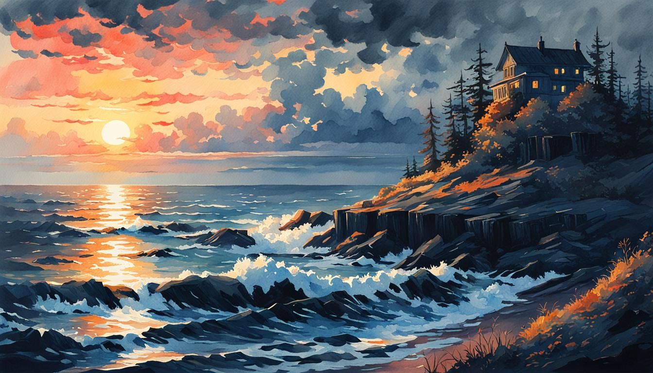 Ocean Sunrise: Watercolor Painting with Deep Color