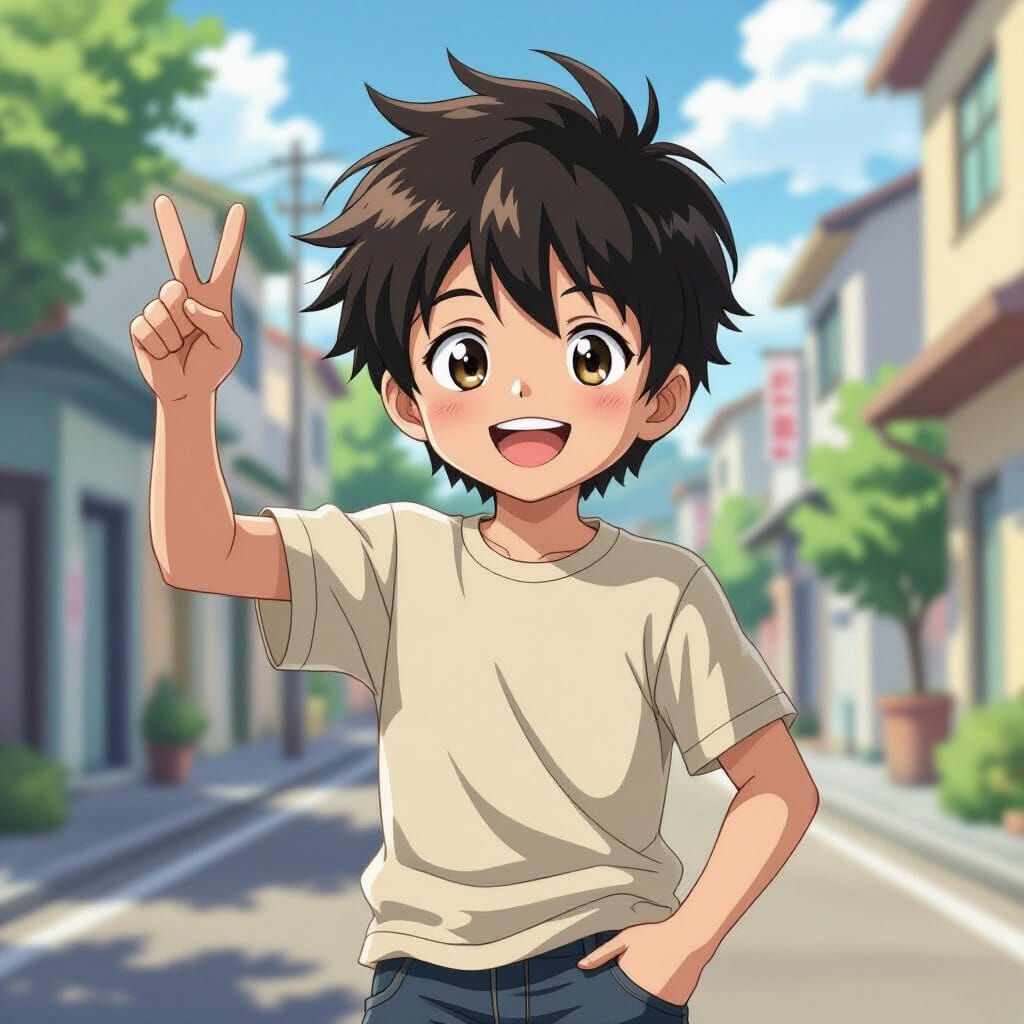 Joyful Boy Making Victory Sign in Anime Style