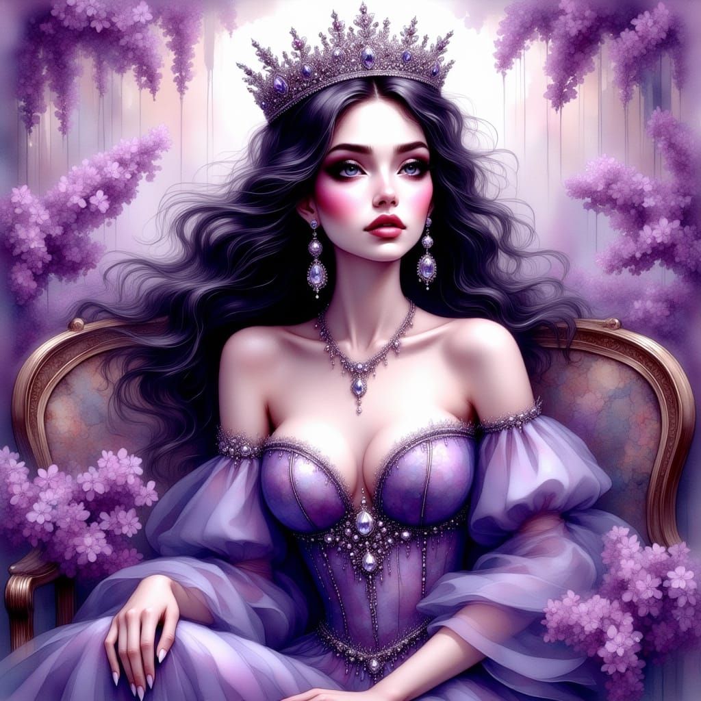 Elegant French Queen in a Whimsical Lilac Garden