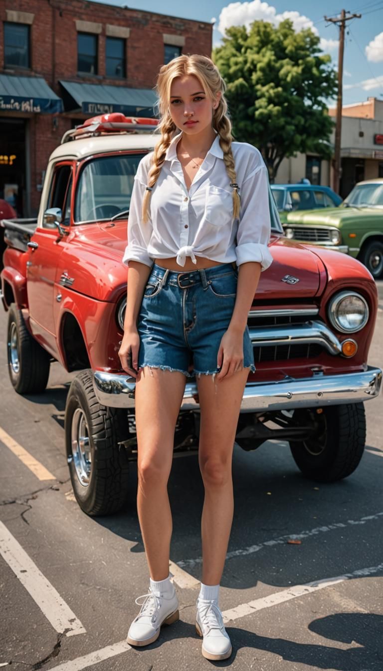 Blonde girl with pigtails, modeling with an old car/truck