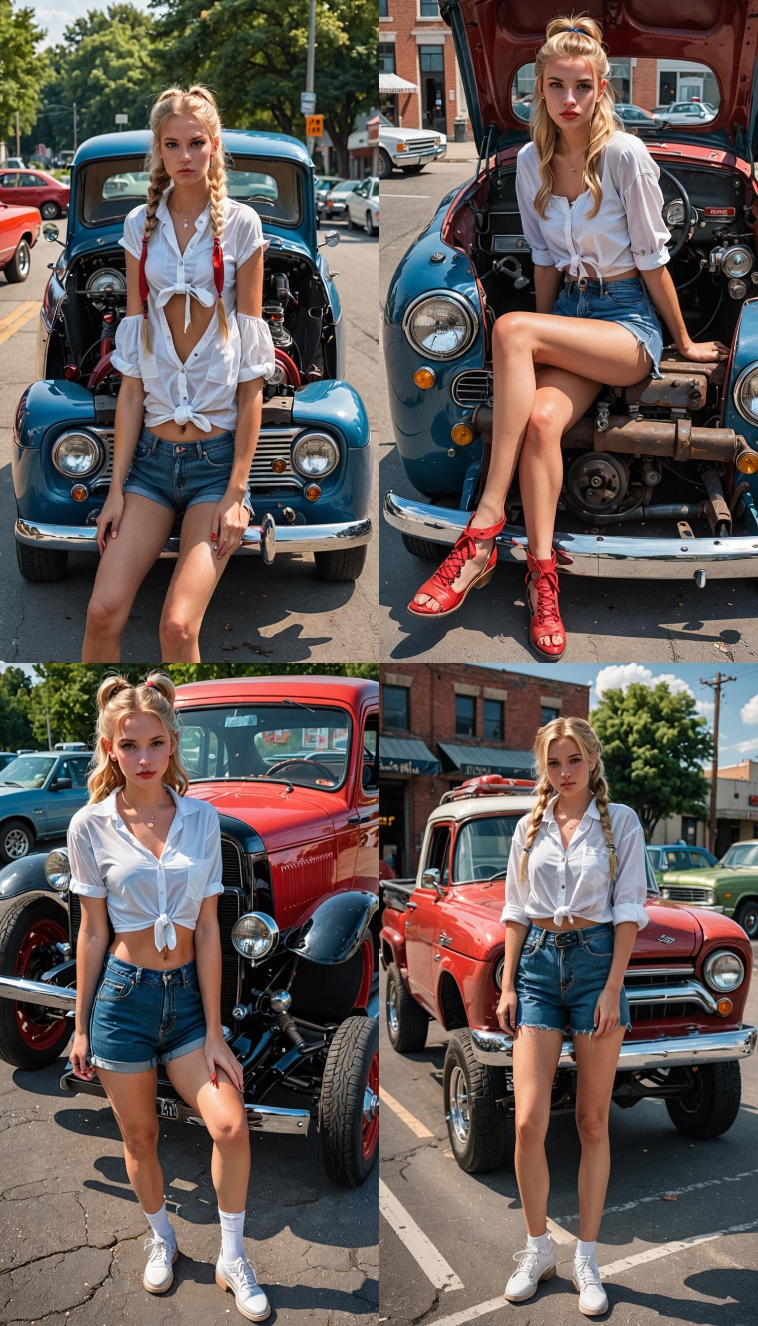 Blonde girl with pigtails, modeling with an old car/truck