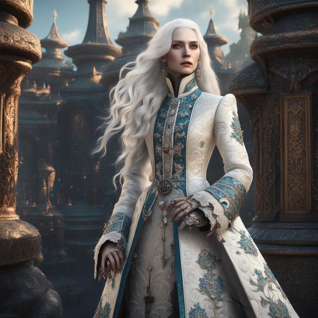 Woman, long white hair, pale skin, white brocade silk coat w...
