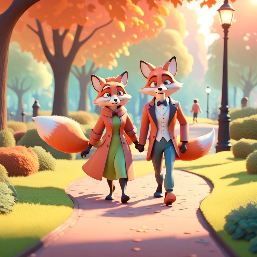 Anthropomorphic Fox and his wife walking through the park