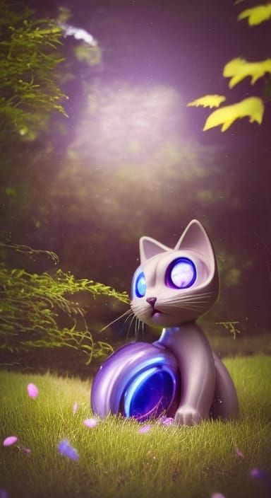 cute cat-robot pet on stargazing platform with rotating sphe...