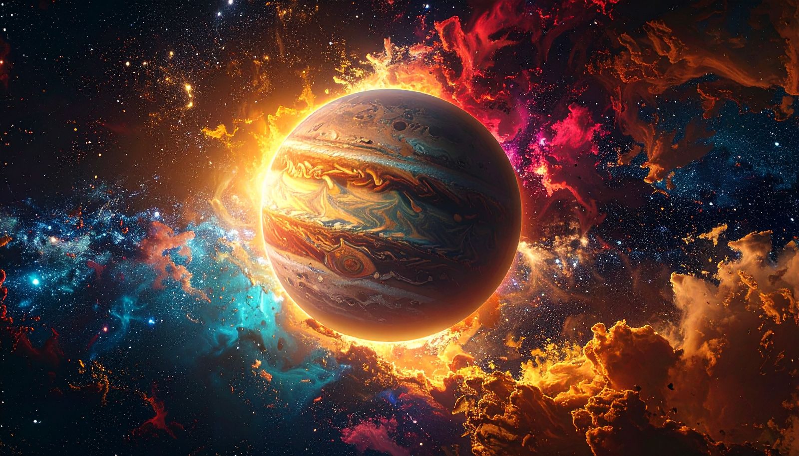 Jupiter entering a heavenly conflagration.