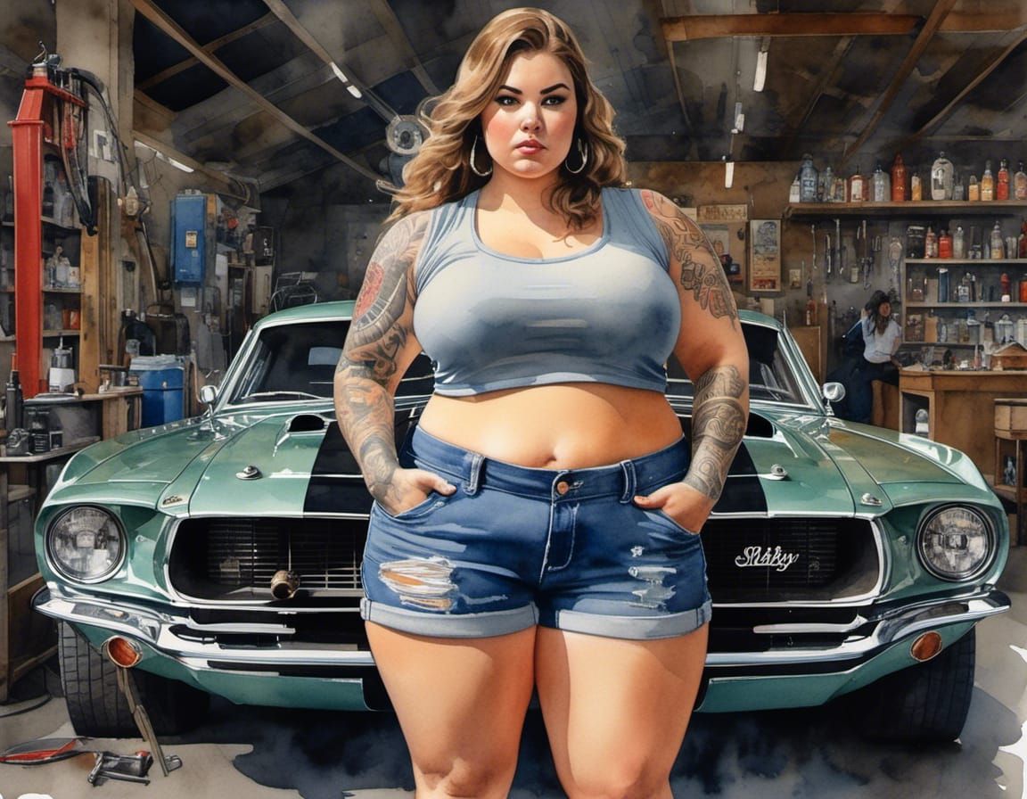 A captivating watercolor painting featuring a mysterious natural <overweight> <curvy:1.5> female mechanic. The mechanic is  wearing loose sh...