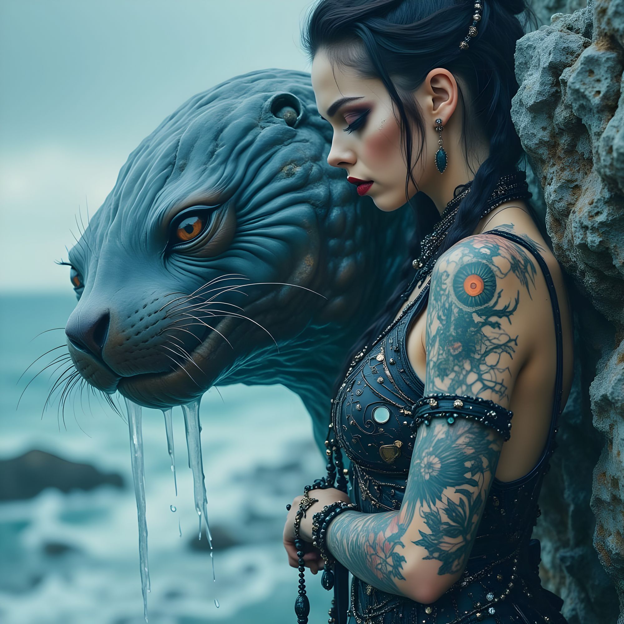 An executioner girl with a charming face, long pistachio-colored hair, and a beautiful face that is full of blood, as if the victim's blood ...