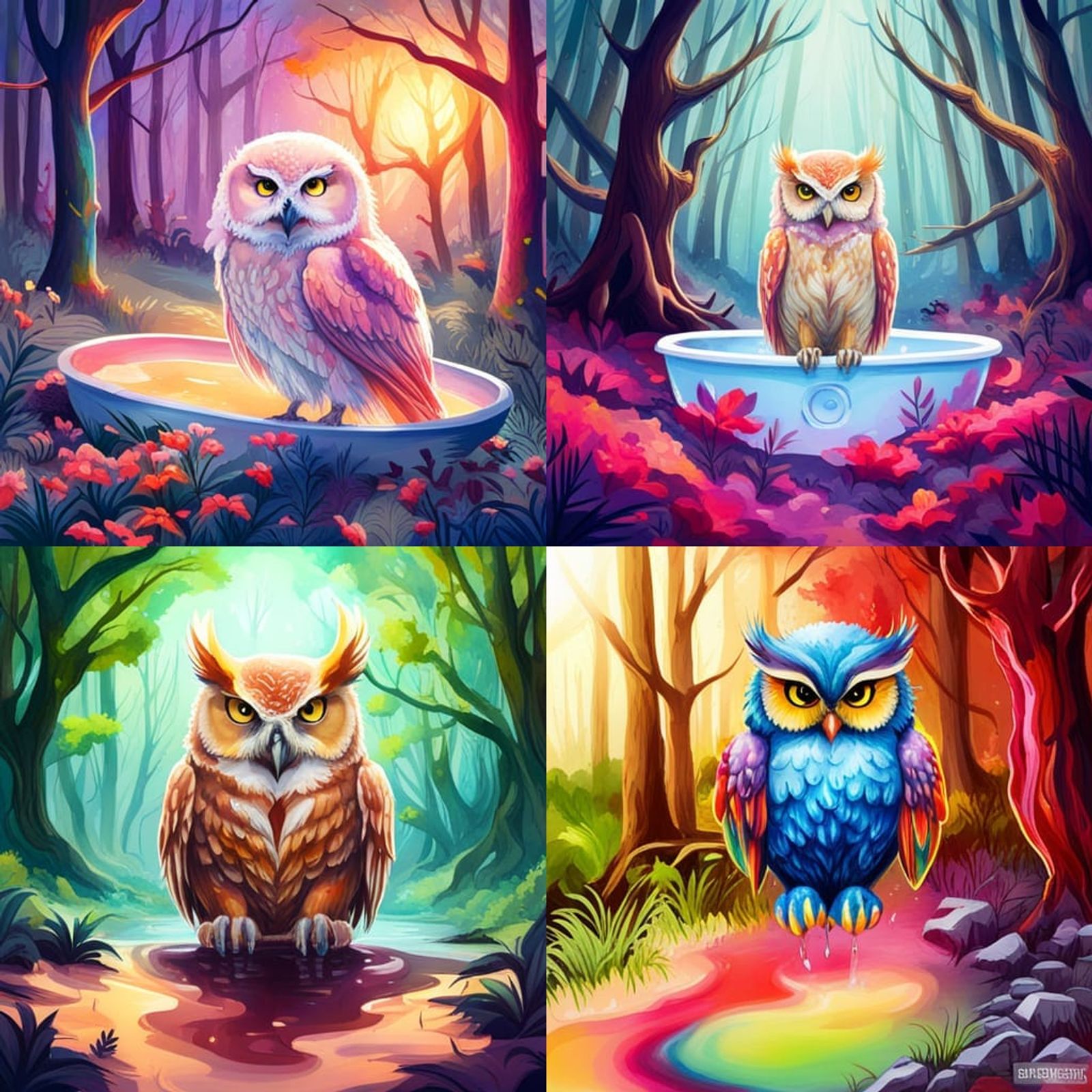 watercolor art of a vibrant cute magical owl taking a bath in a magical