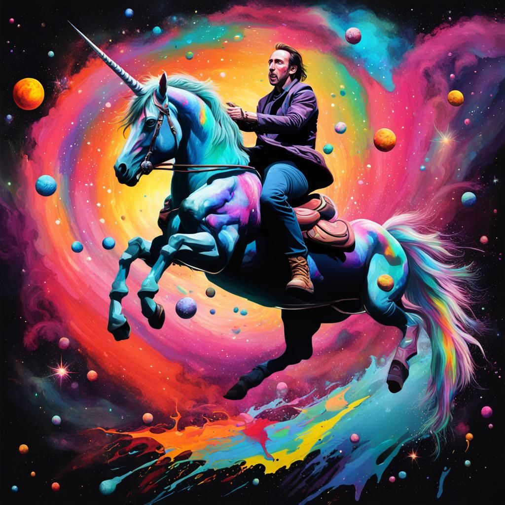 Nicholas Cage riding a Unicorn in Space