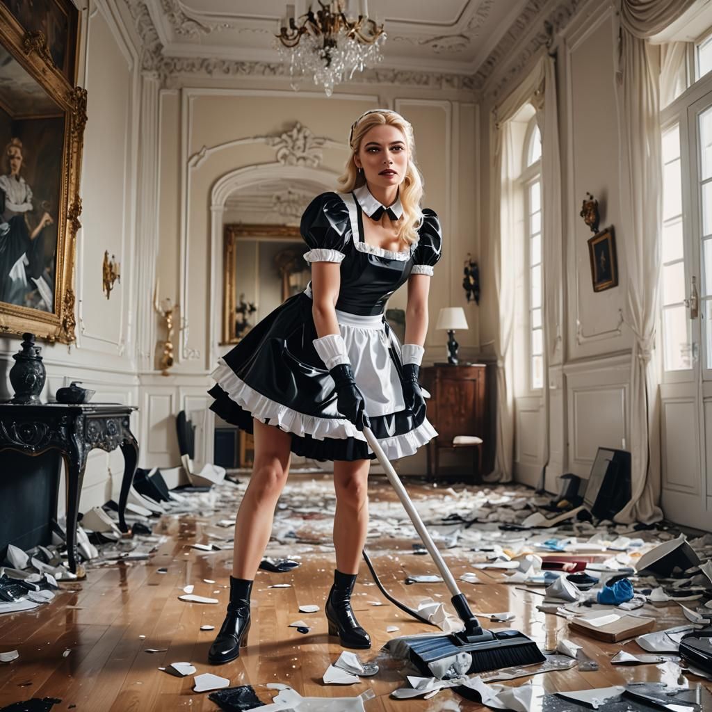 European Woman in Latex Maid Outfit Cleans Mansion