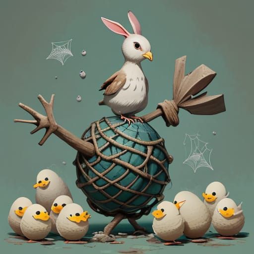 Whimsical Chick Smashes Eggs in a Dreamlike Scene