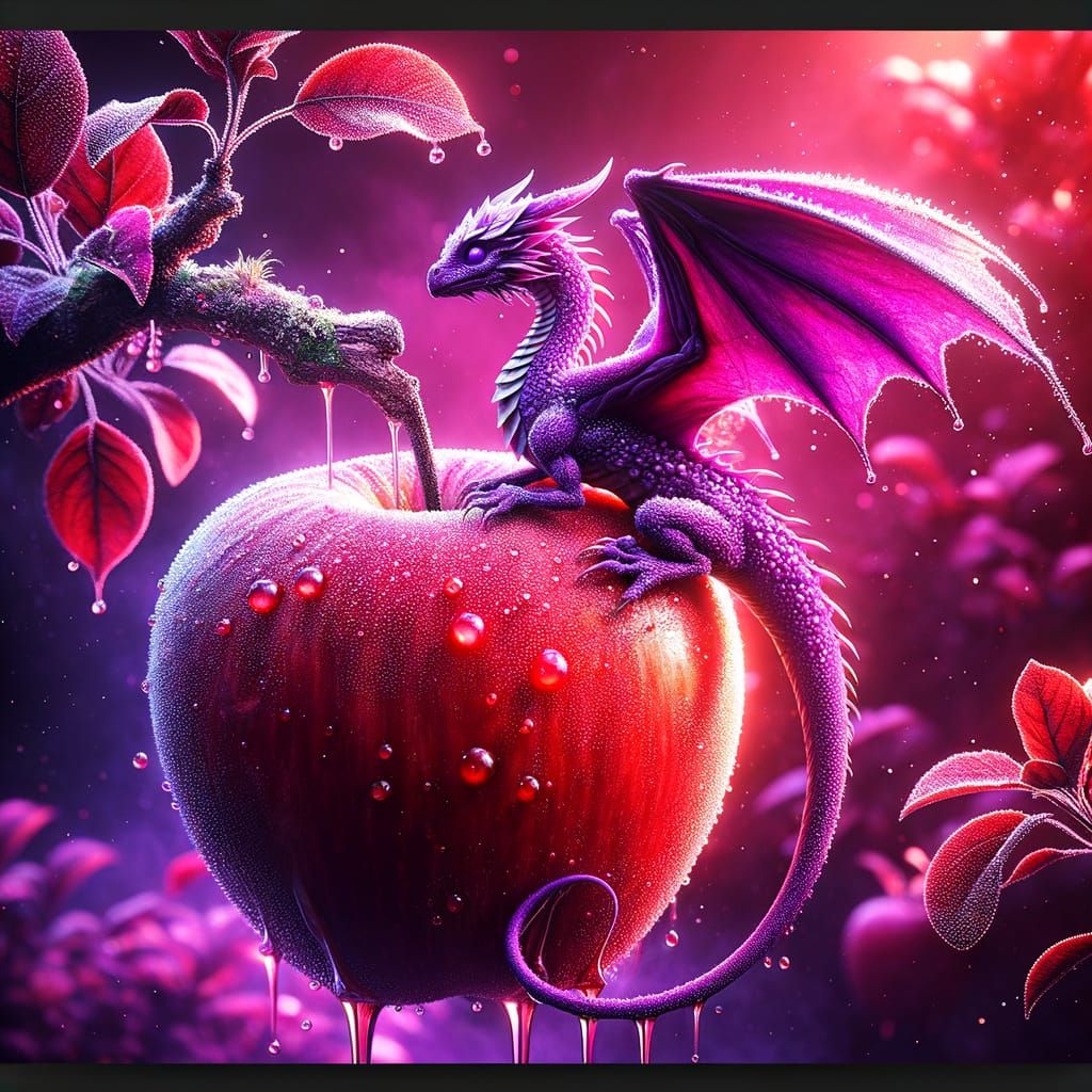 Imagine a diminutive, purple dragon adorned with tiny specks of morning dew, majestically standing on ...  by @James Silvers