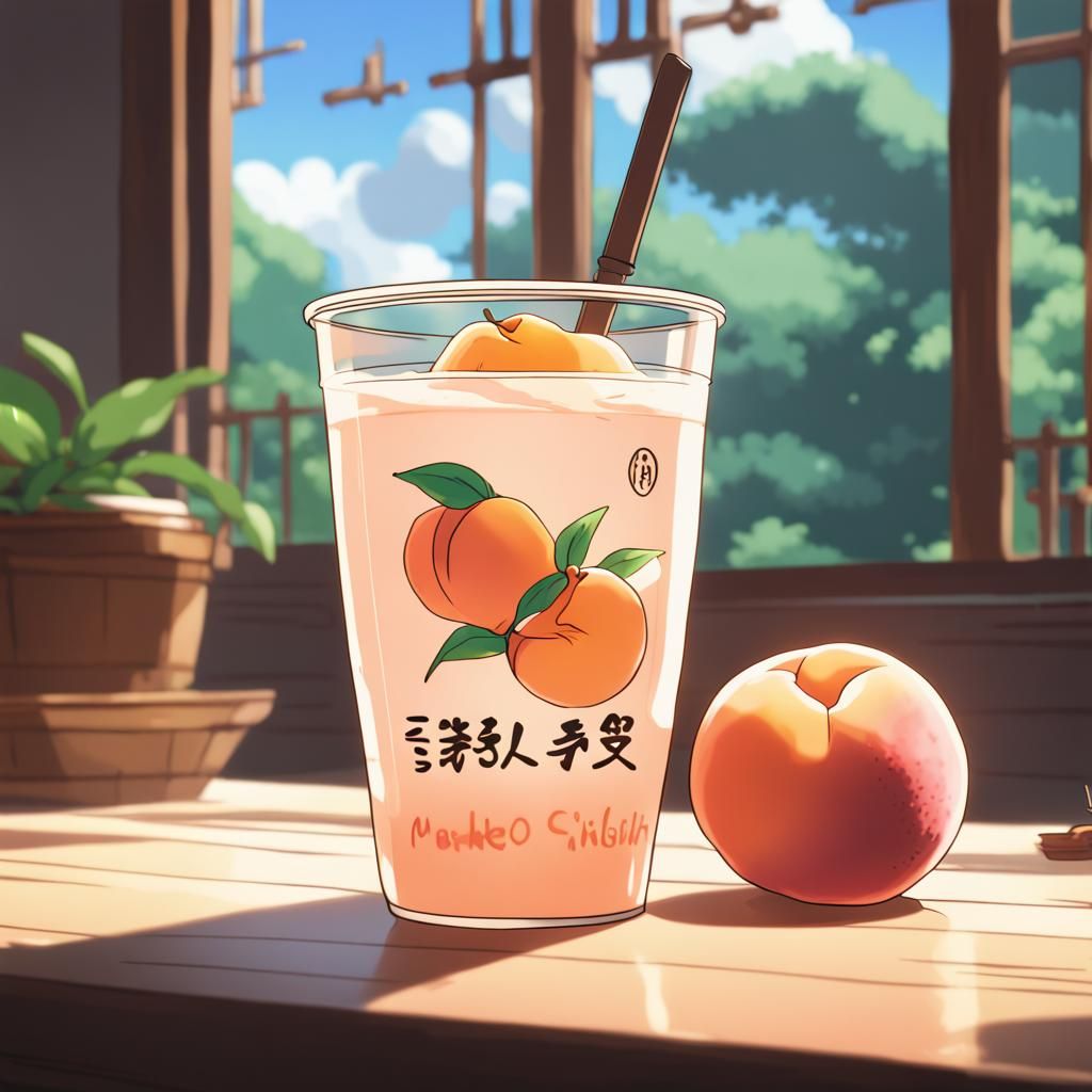 Peach boba in a cute cup sitting on a table