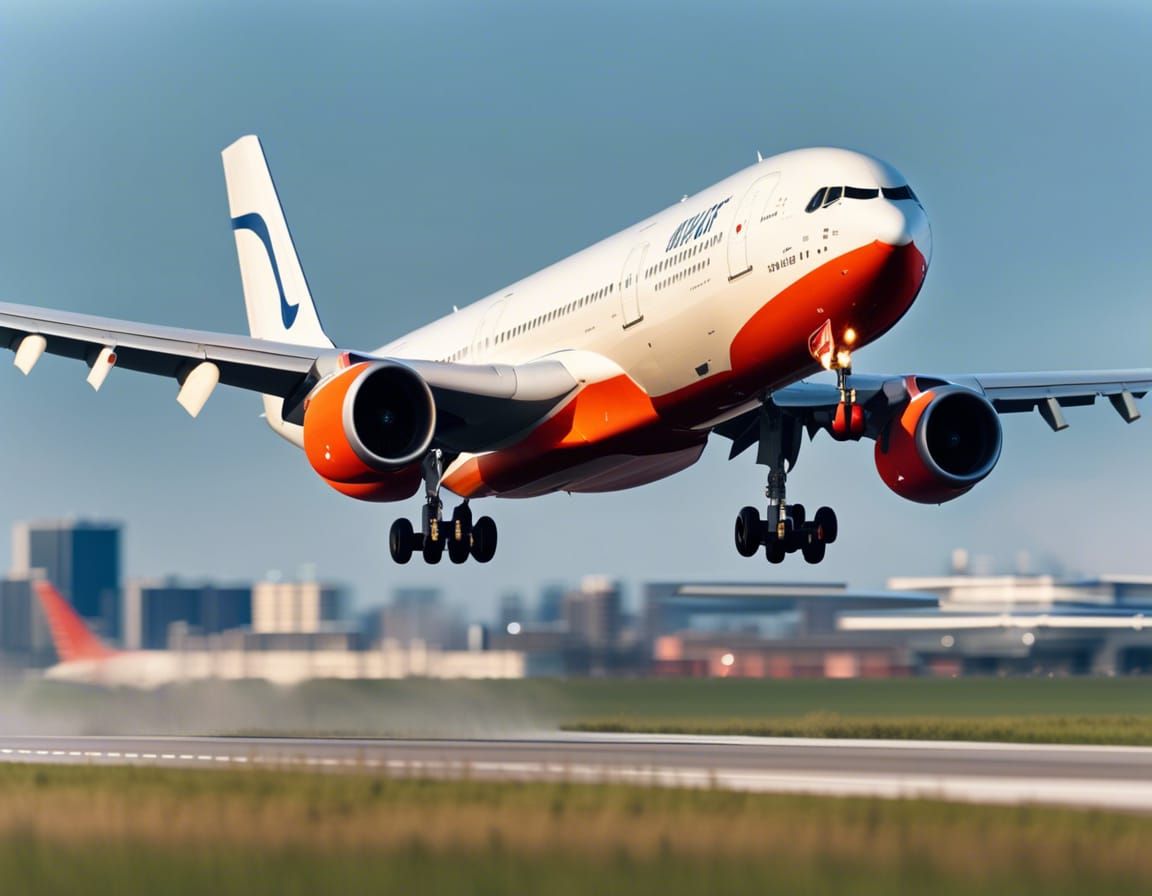 Image of an Airbus A300 plane, at the moment of takeoff on the runway ...