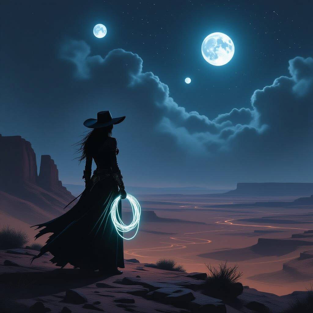 A lone, enigmatic cowgirl, her face obscured by shadow and a wide-brimmed hat, stands on a windswept ...  by @8848