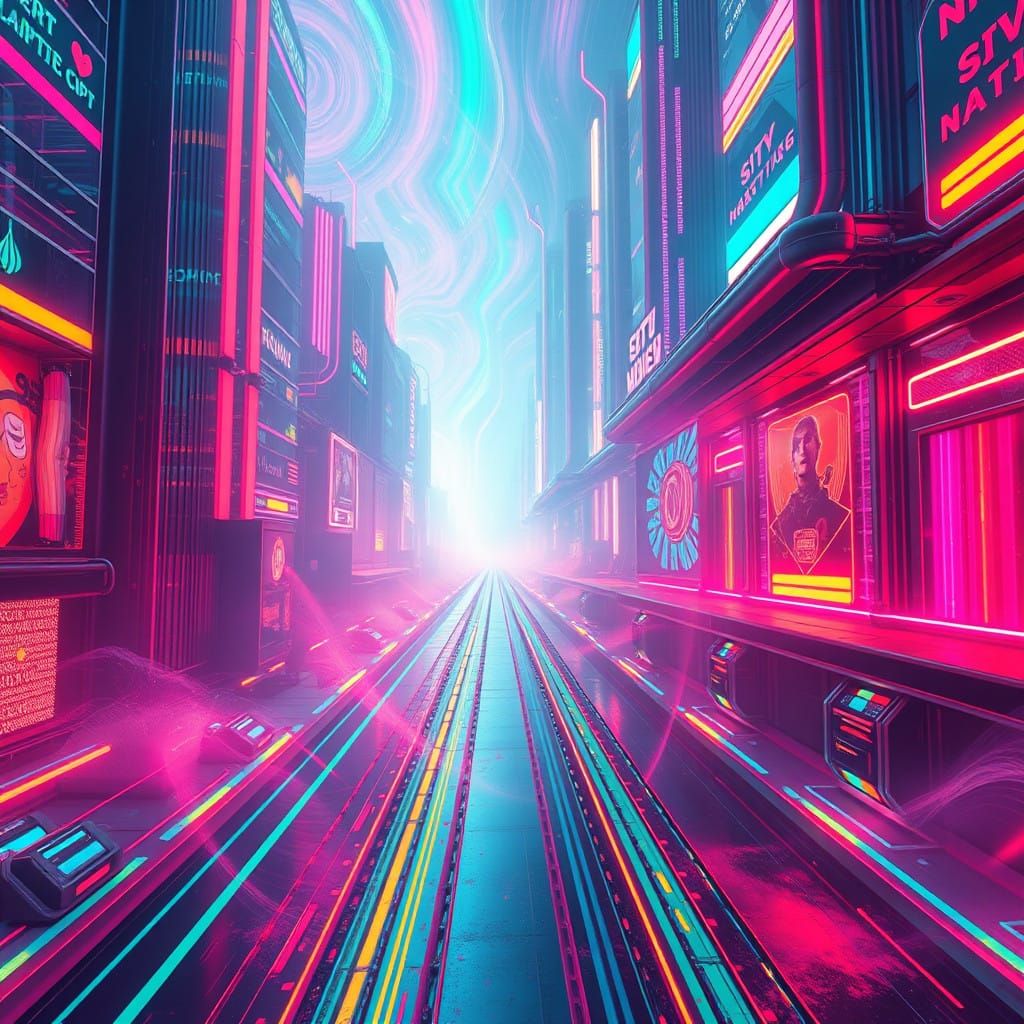 Vibrant Neon Cityscape in Electric Atmosphere