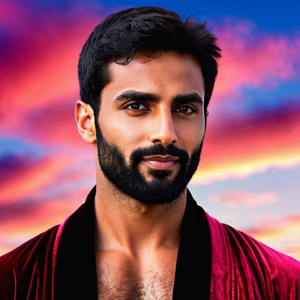 A handsome bearded man wearing a red velours bathrobe