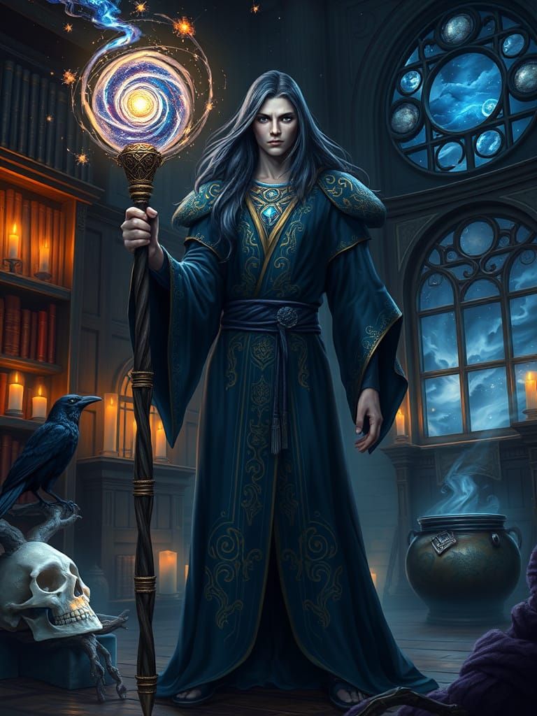 Sorcerer in Candlelit Study with Celestial Magic - AI Art