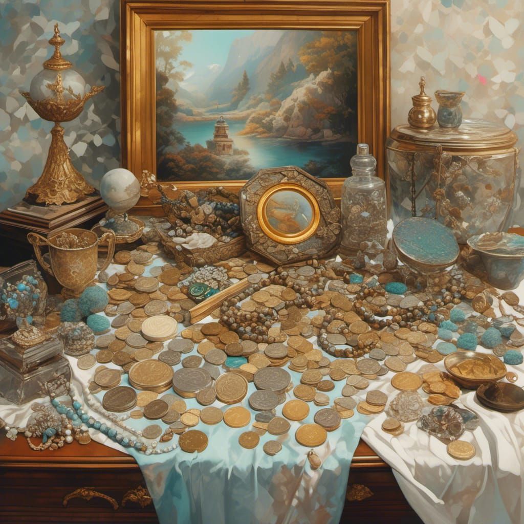 A still life painting of a collection of antique coins and j...