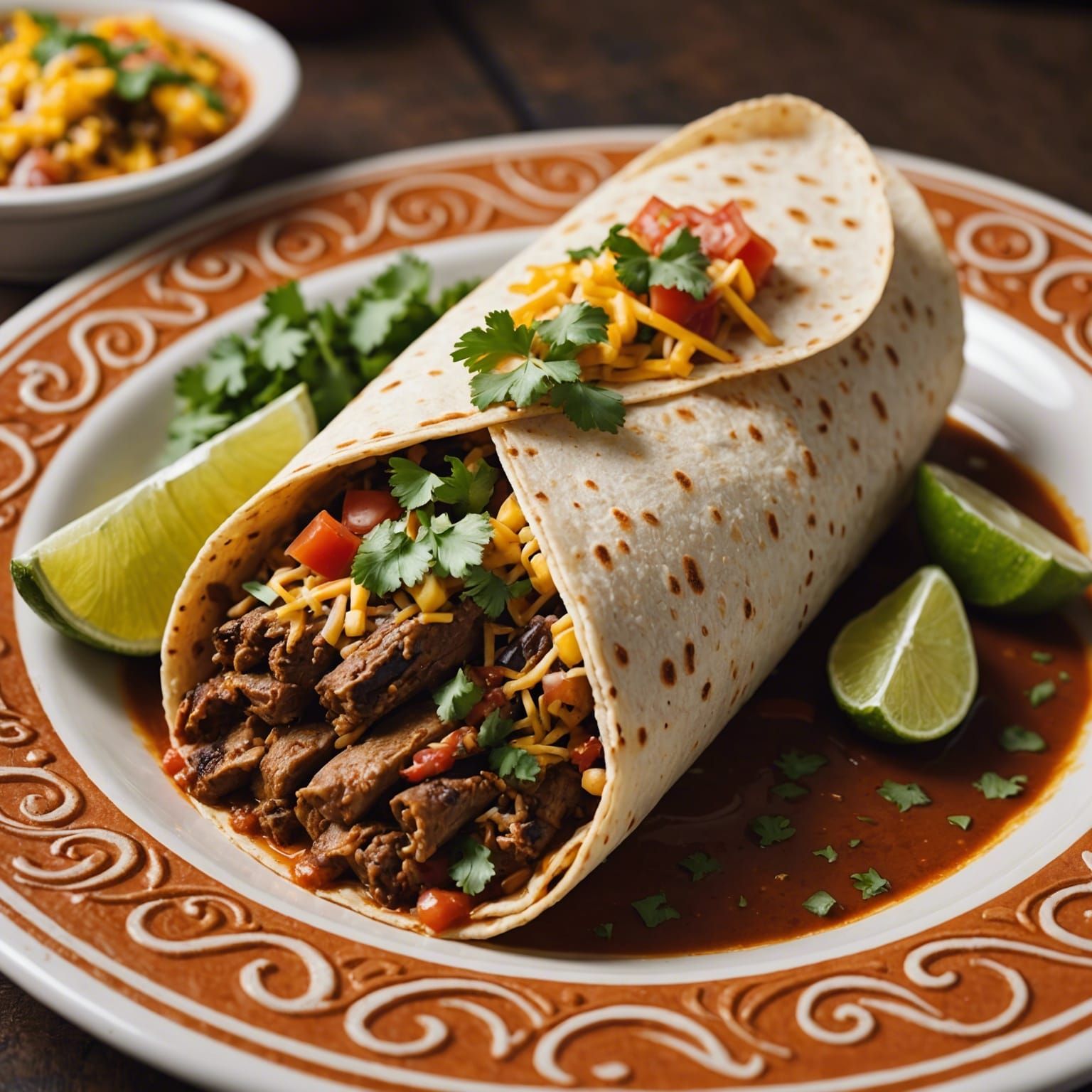 Awardwinning burito served in a mexican restaurant. Intricate detail ...