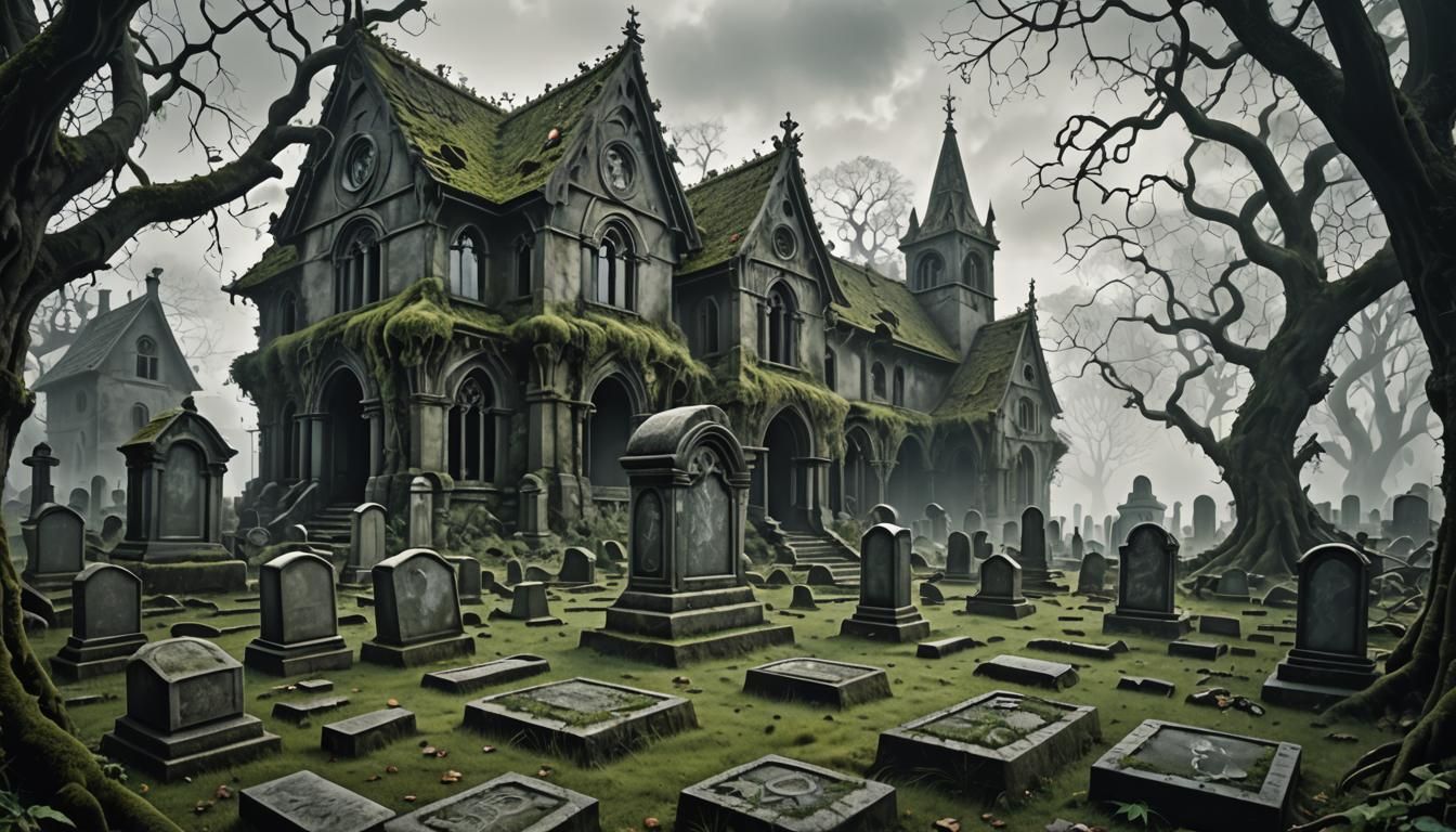 An overgrown yard filled with weathered gravestones, leading...