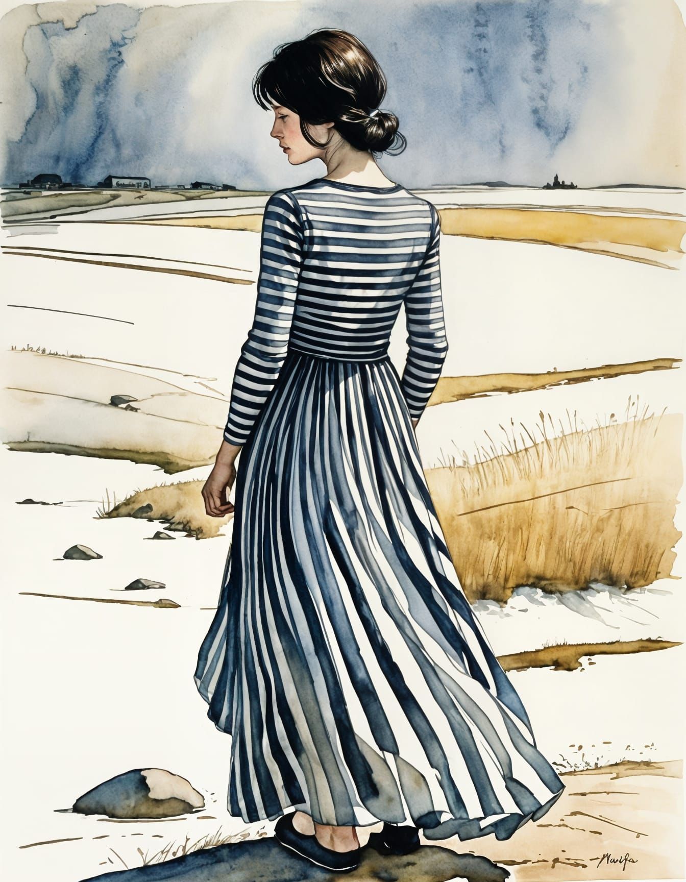 Stripes, dark haired woman in striped dress  by @JKT