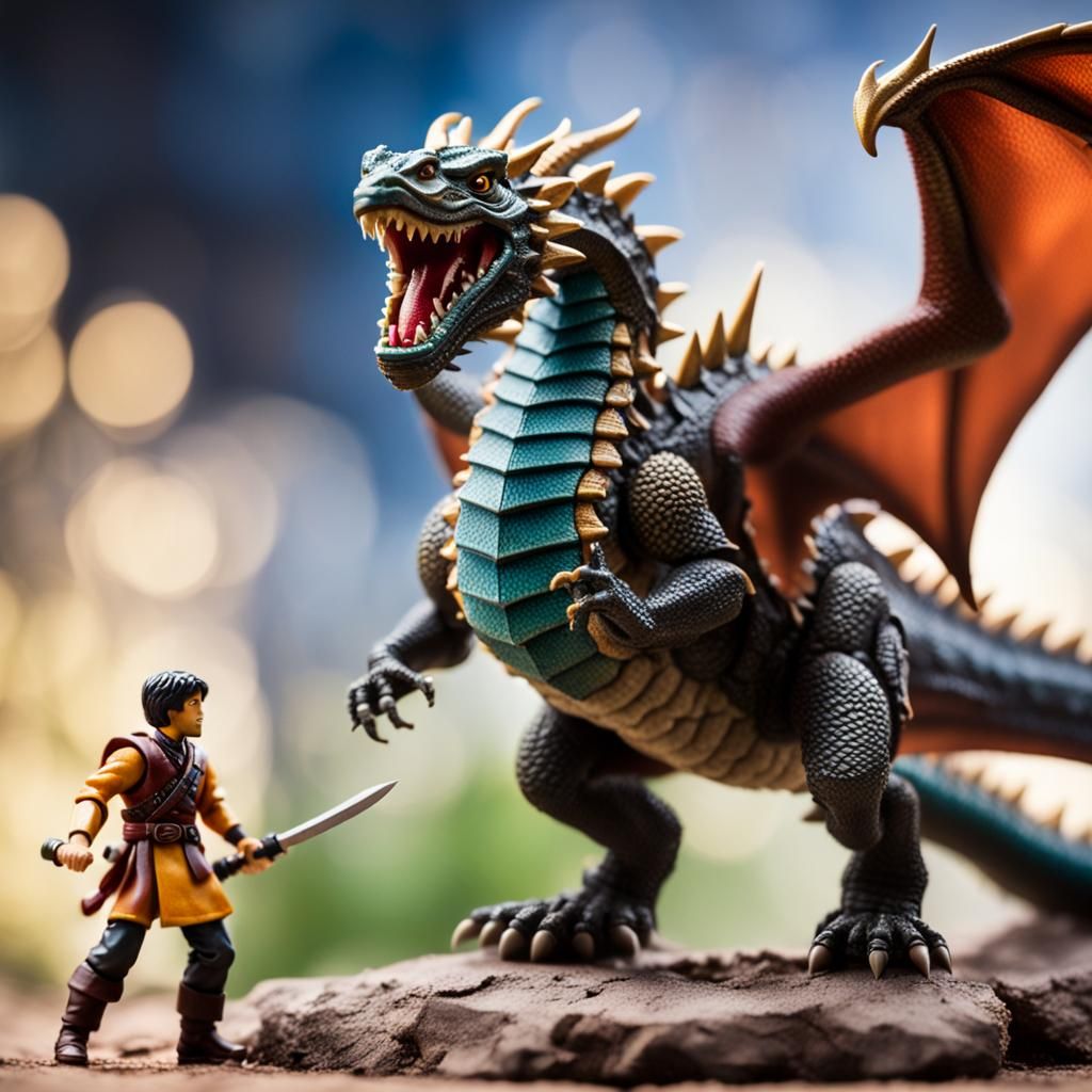 Toy action figure fighting a fearsome toy dragon  by @SaplingArcher