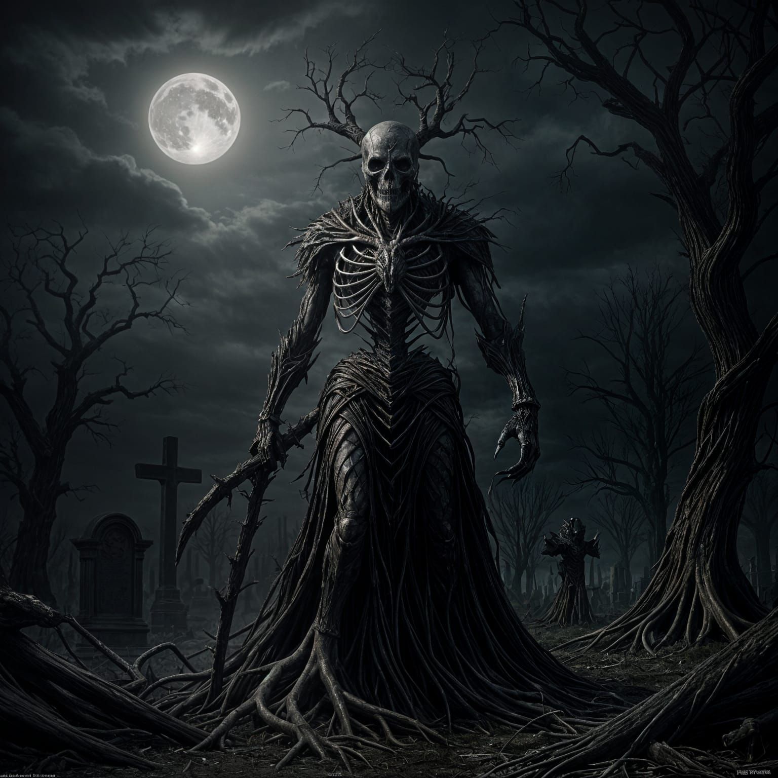 Dark fantasy concept art. A menacing, shadowy figure made of twisted roots and obsidian shards stands guard over a desolate, moonlit graveya...