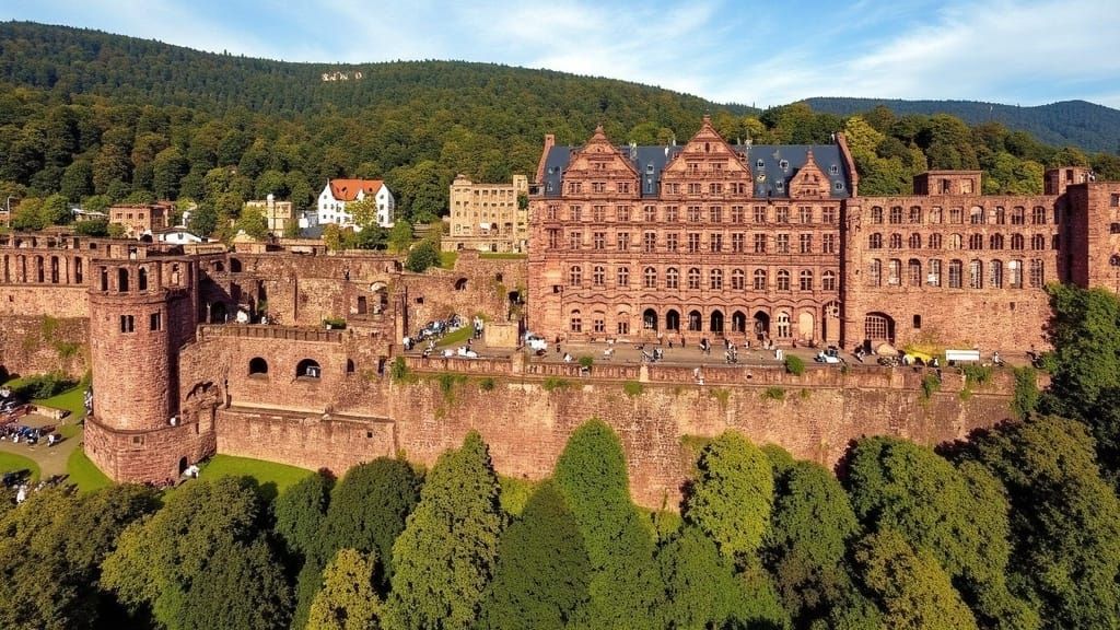 <lora:Heidelberg Castle:1.5> Heidelberg Castle in summer, from the bird's perspective, stadt, fuss, nacht, dynamic lighting 8k resolution hy...