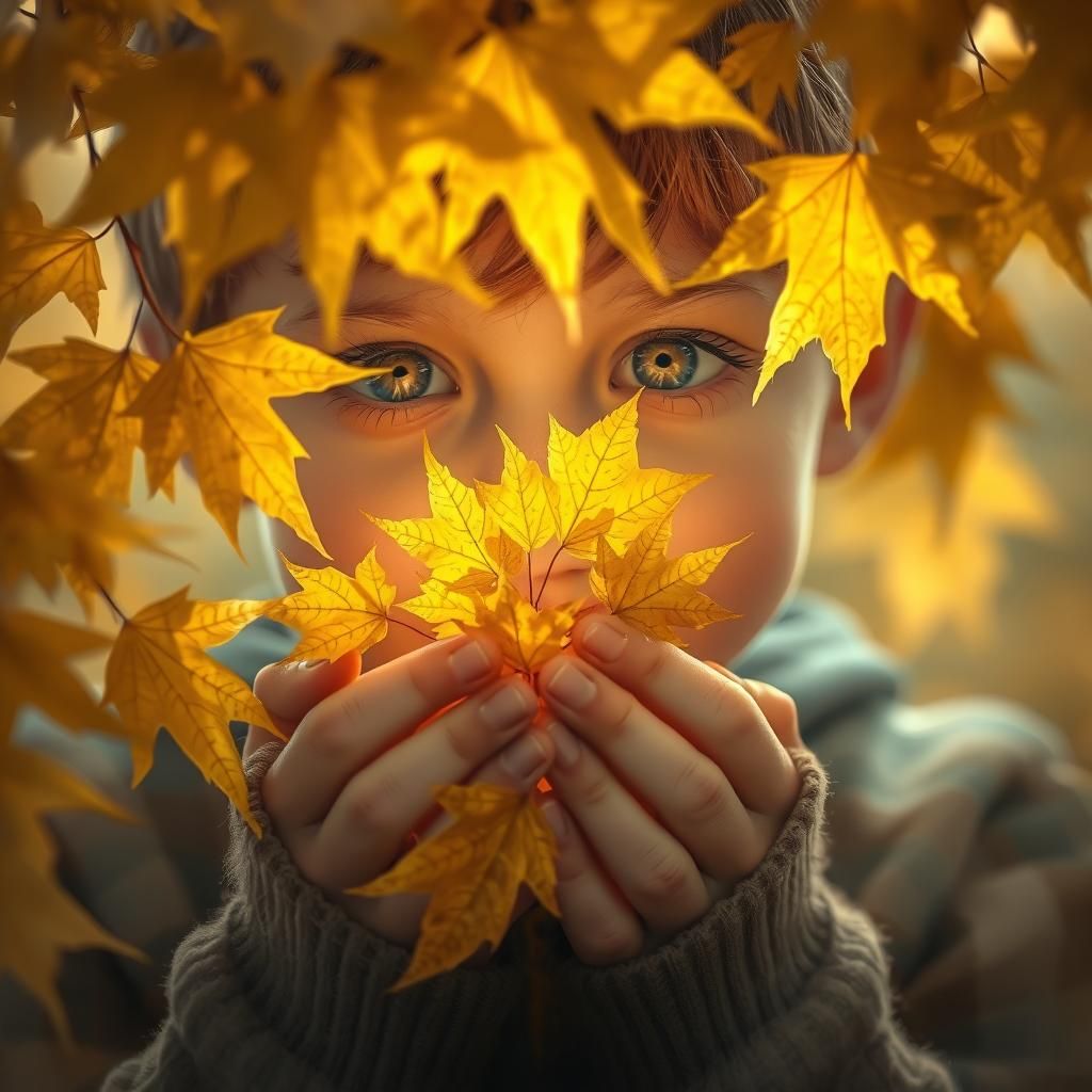 close-up of yellow maple leaves, only the boy's eyes are visible underneath them, he is holding leaves ...  by @Barabashka