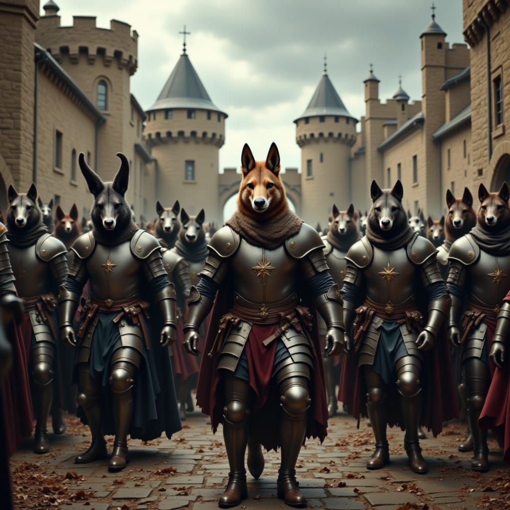 A platoon of theriocephalic knights with animal heads are storming the castle. <lora:Theriocephaly:1.0>