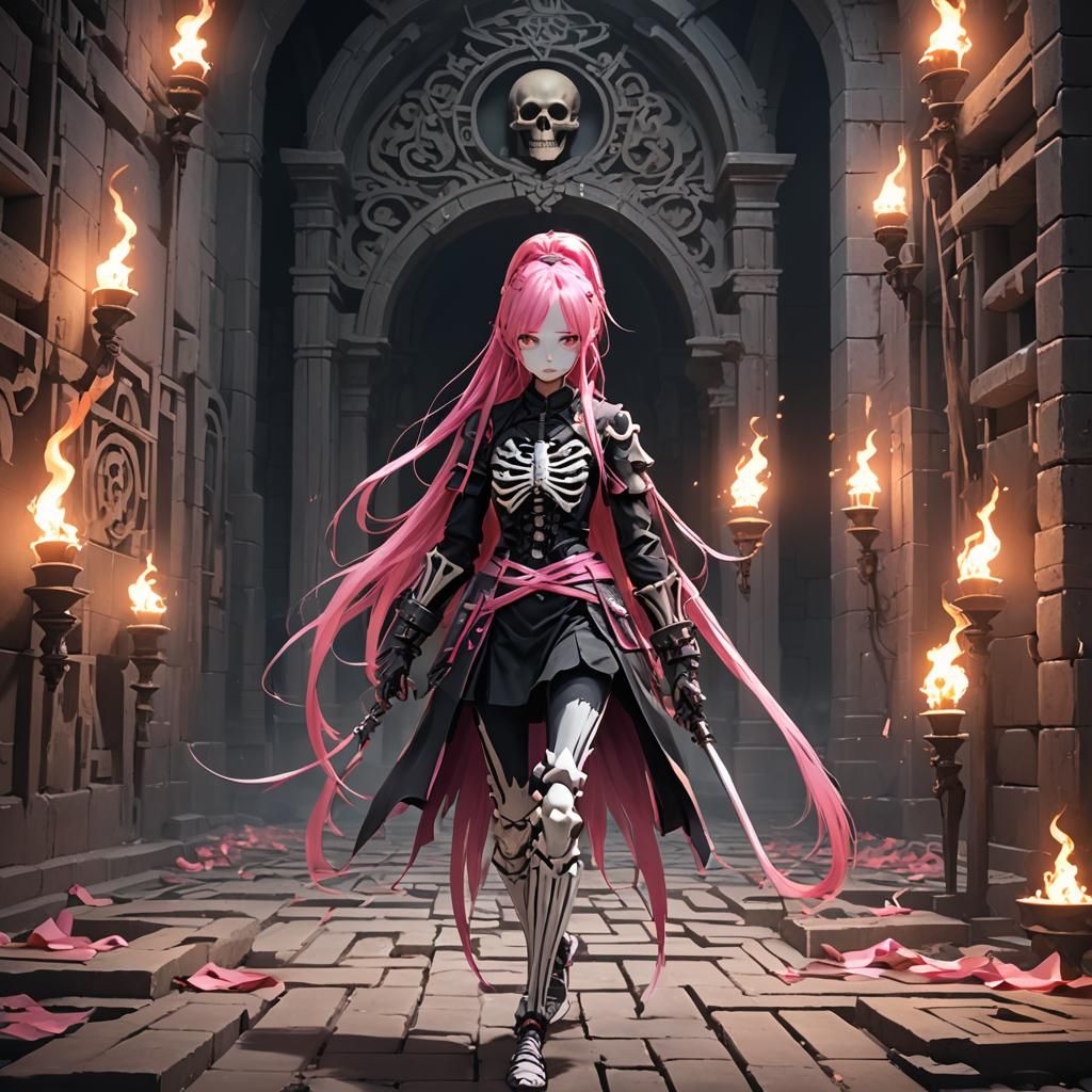 Beautiful anime woman in skeleton-inspired armor in a labyri...