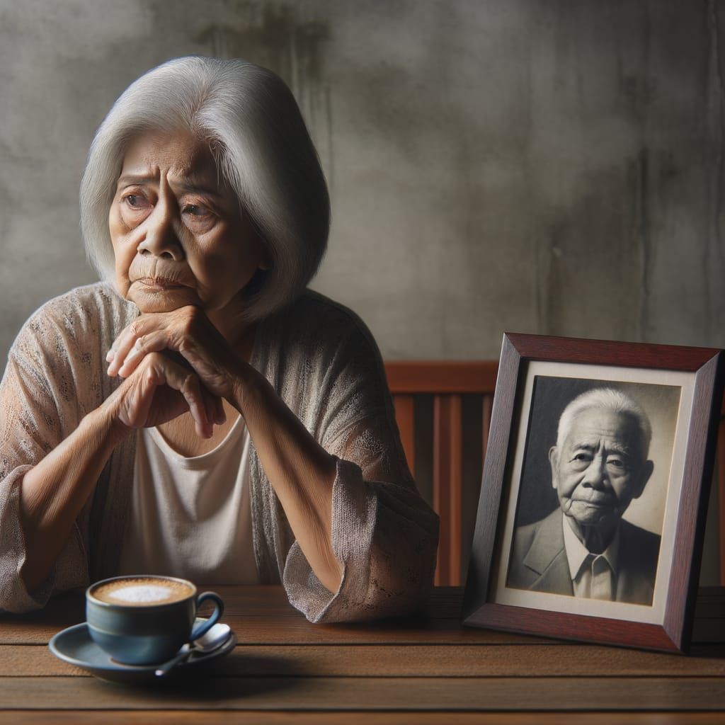 An elderly woman sitting alone at a table looking lonely and sad. On the table sits a cup of coffee gone ...  by @Cat