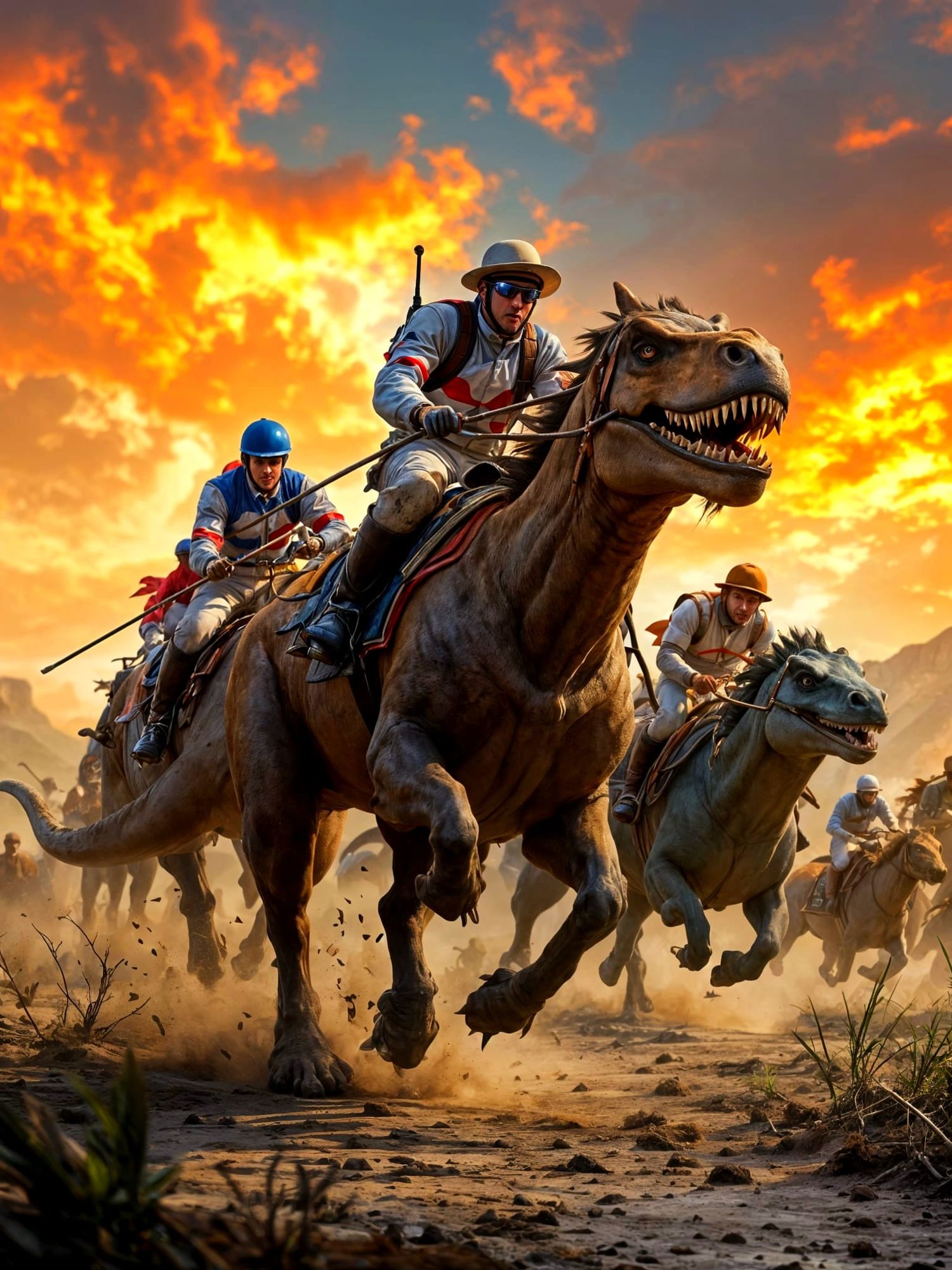 An image like a typical jump horse racing photograph. In the foreground is the leaders, with the other competitors in the background. Instea...