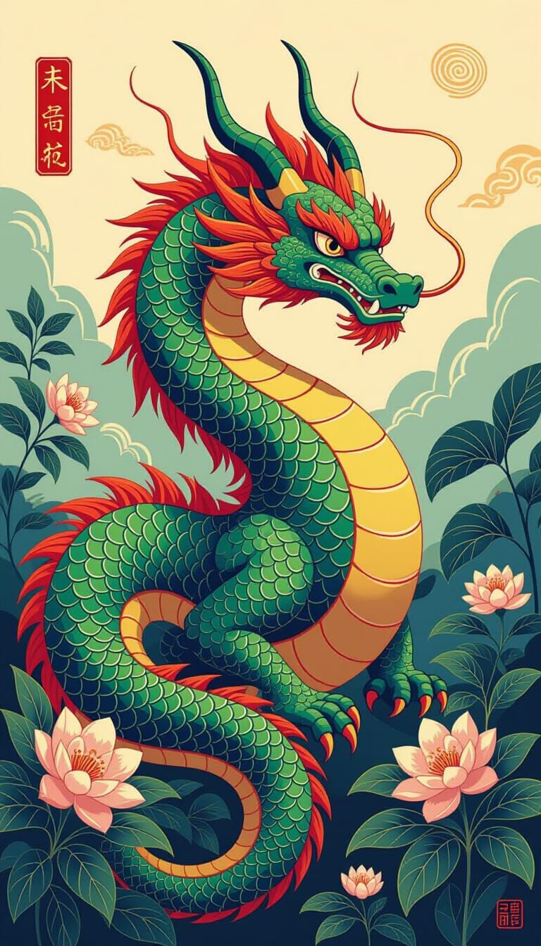 Lush Dragon in Asian-Inspired Futuristic Landscape