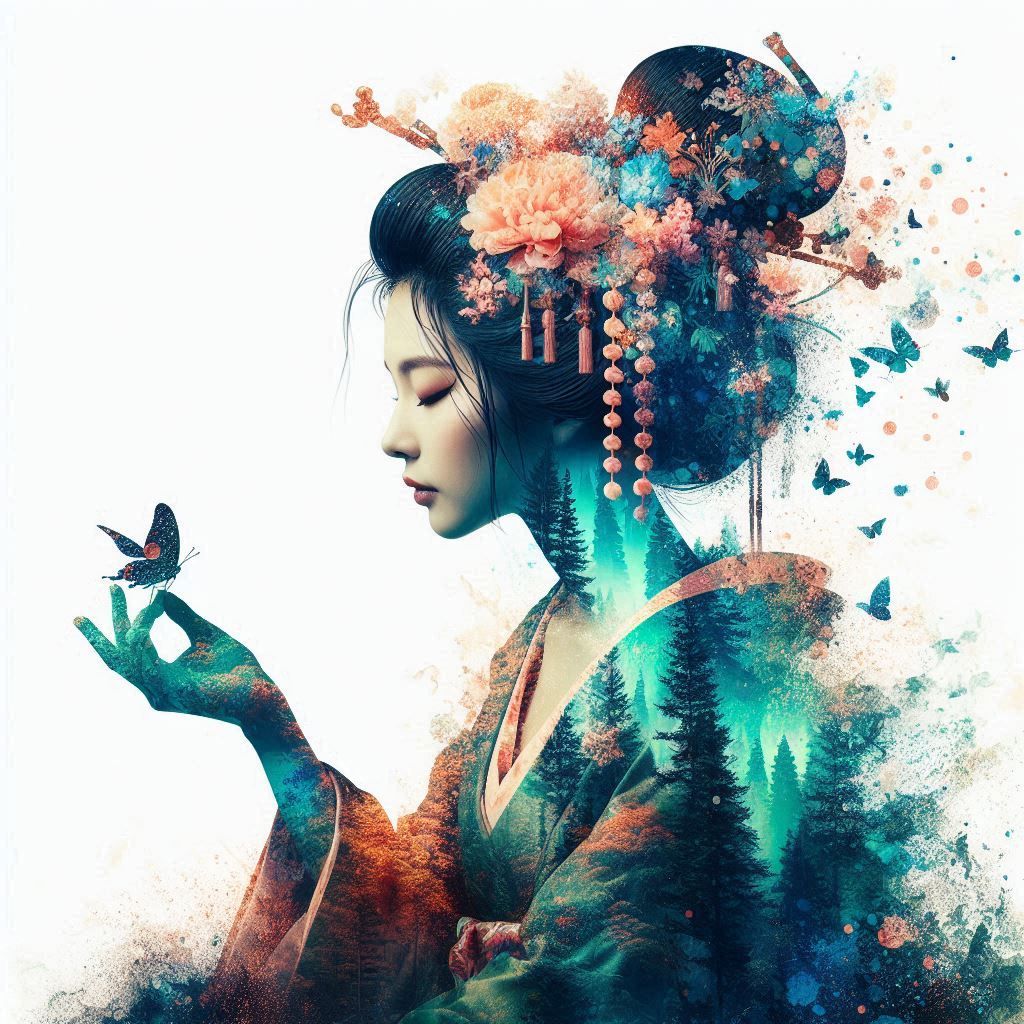 double exposure beautiful fantasy DALL-E 3 portrait landscape..