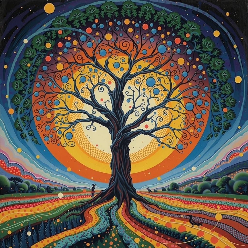 Wide shot / distant view. A proud collosal robin guards the entrance to a gigantic tree of life in a foggy forest at dawn, soft light filter...