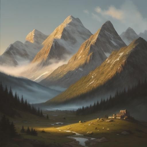 Stray Dog in Mountain Landscape Oil Painting