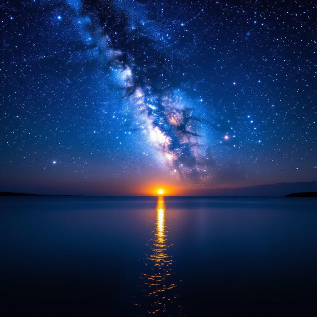 Starry Night Sky Over Ocean Horizon with Meteor Shower