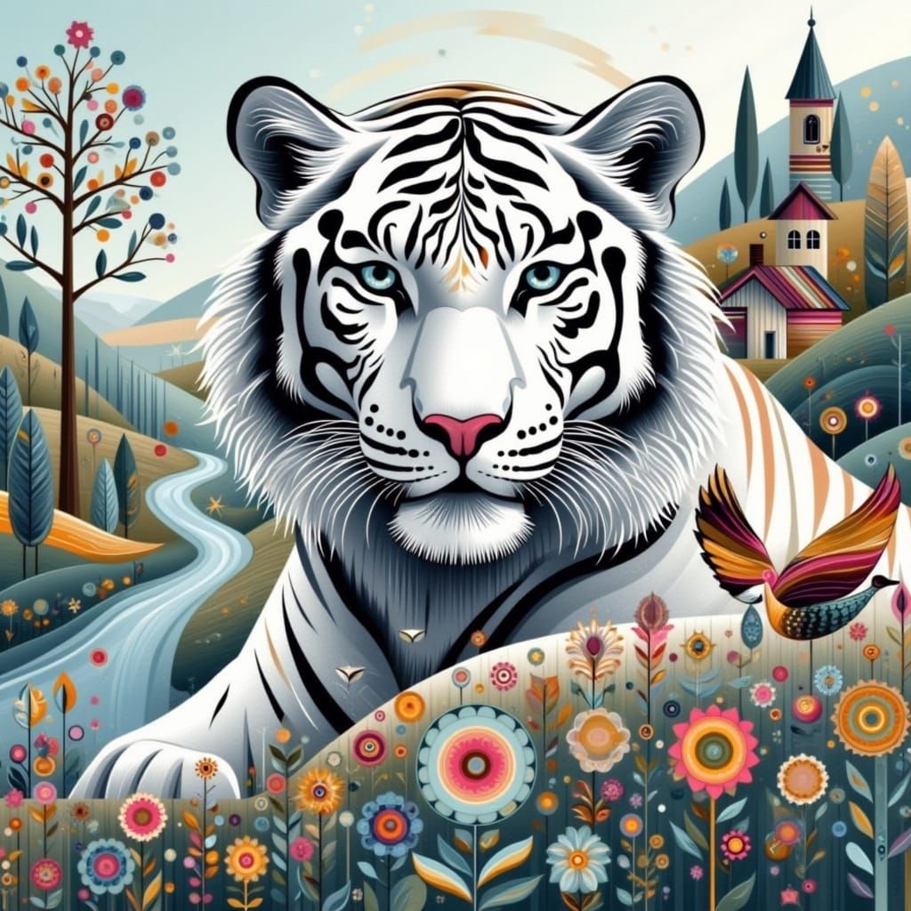 Magnificent white tiger in close up, with a lush summerscape in the background, with beautiful rivers and valleys, waterfalls, flowers, mist...