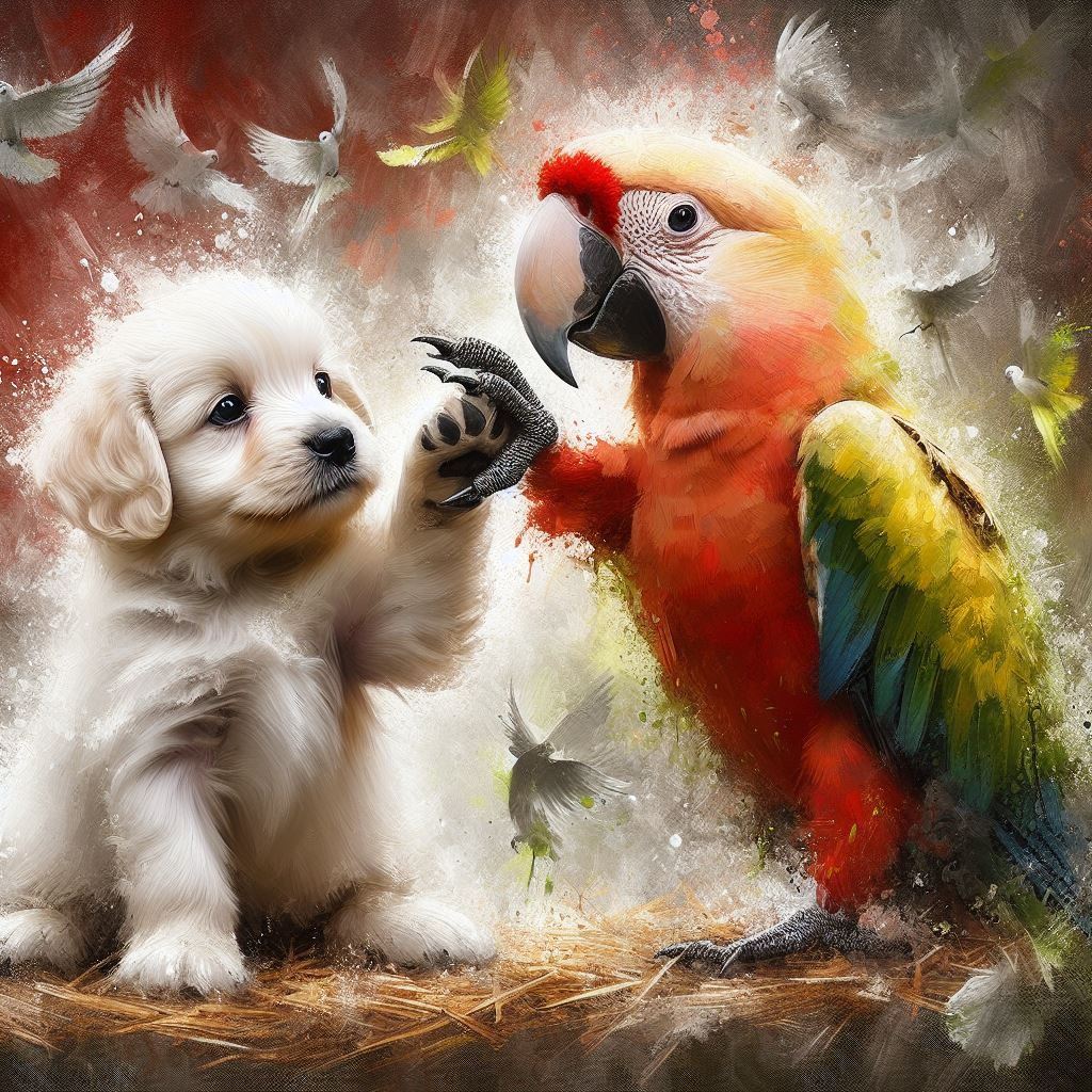 Parrot to little pup: Give me the five !!!