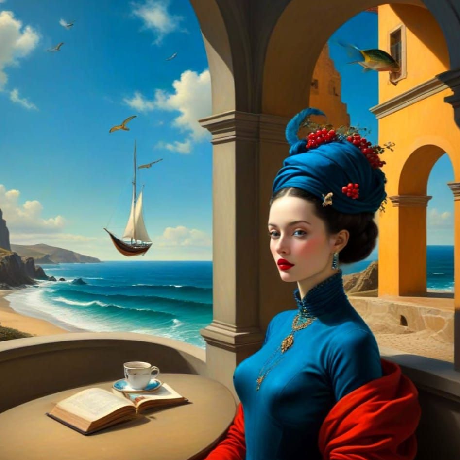 Surreal Lady Sips Wine Amidst Sailboats and Sea Creatures in...