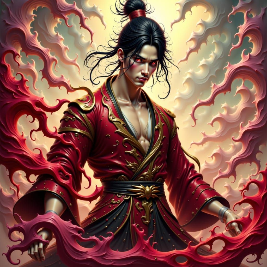 Blood-spattered, red-eyed handsome male cultivator in traditional Chinese robes, midst intense mystical aura, with intricate golden accents,...