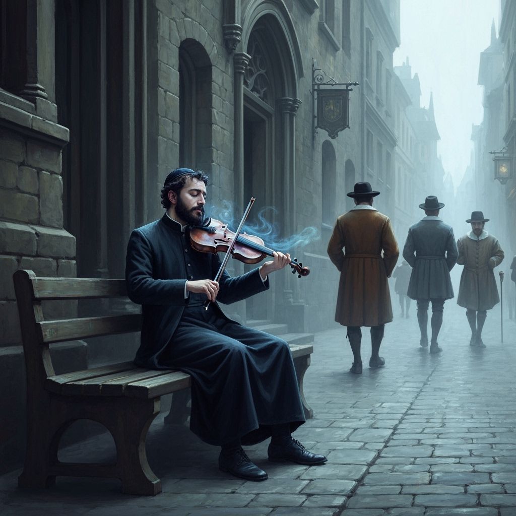 Melancholic Jewish Violinist in Misty Gothic City