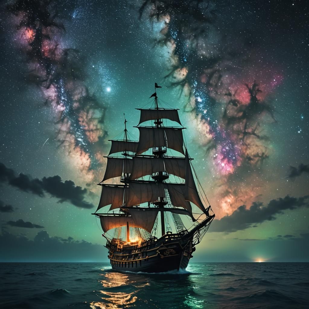 Ship sailing into a sea with a galaxy in the sky - AI Generated Artwork ...