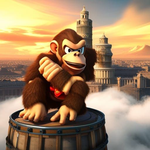 Donkey Kong Throws Barrels off the leaning tower of Pisa during a